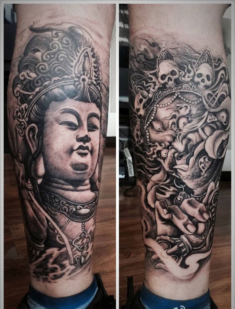 守护纹身图片_成品腿部传统宗教纹身图案