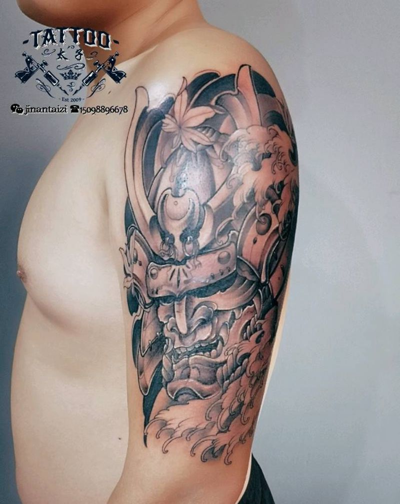 鬼武士纹身图片_肩部手臂老传统纹身图案