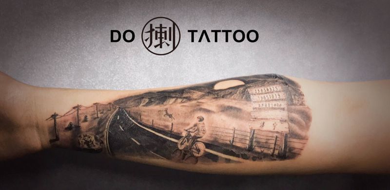 公路，自行车纹身图片_手臂欧美写实纹身图案