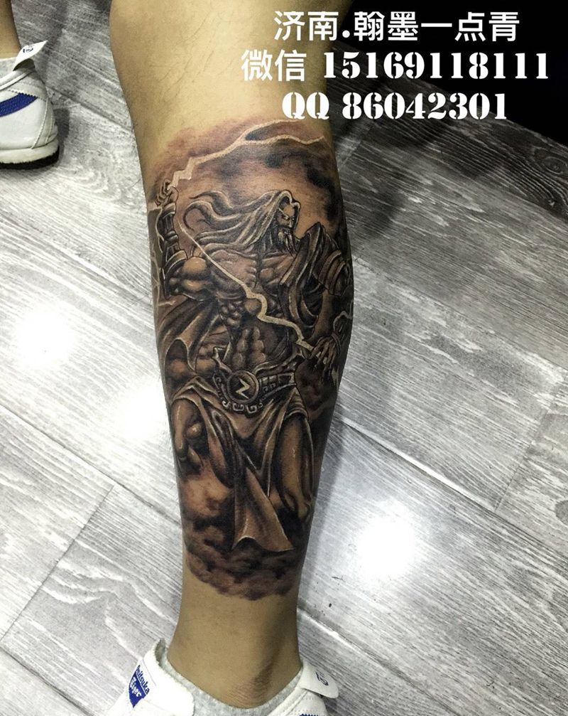 宙斯纹身图片_腿部欧美成品纹身图案