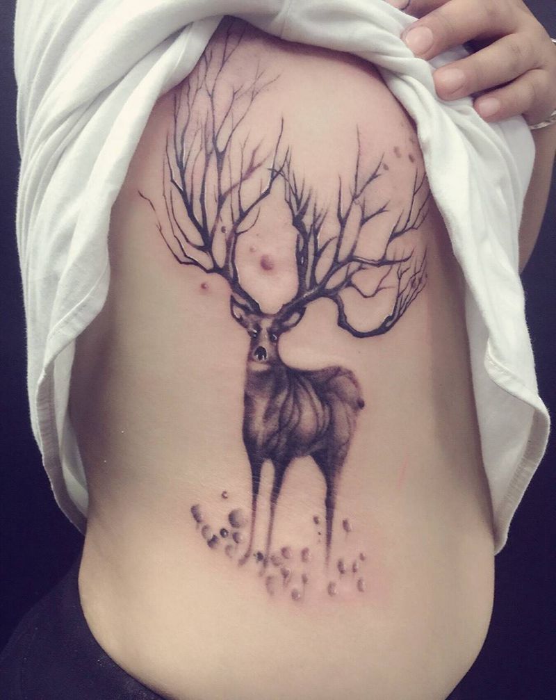 小鹿纹身图片_成品腰部清新动物鹿纹身图案