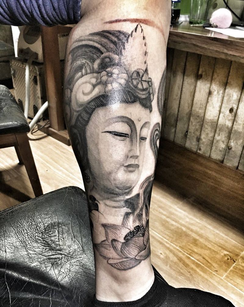 唐狮、菩萨包小腿纹身图片_成品原创动物宗教鬼神传统腿部手臂背部肩部纹身图案