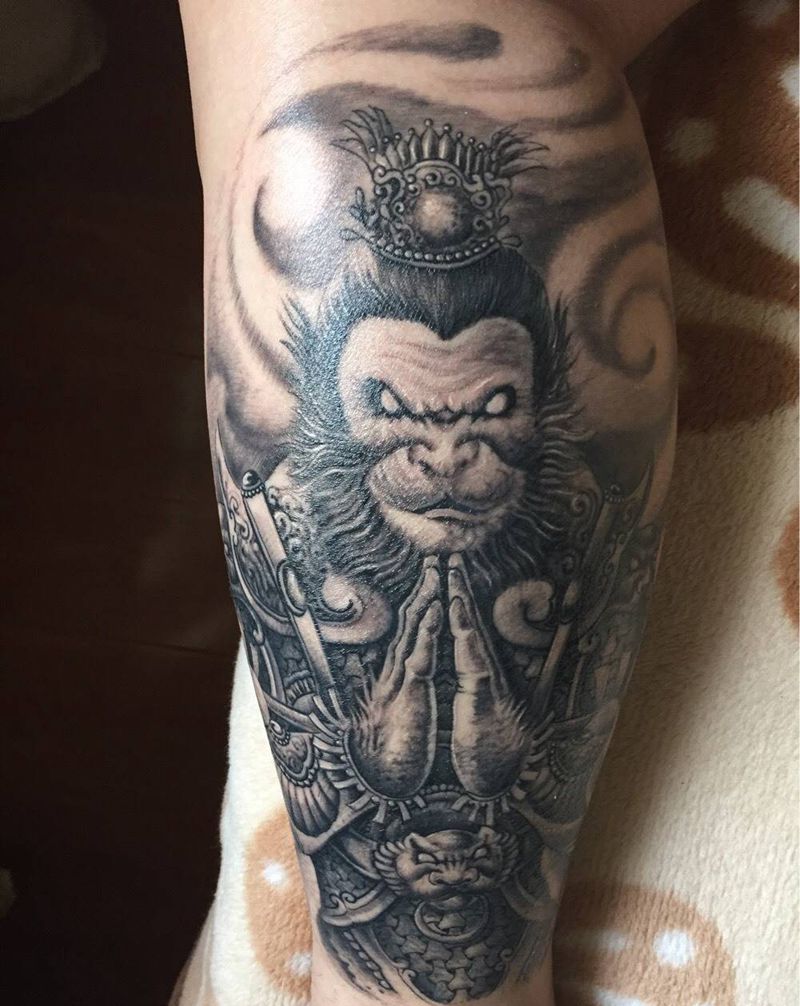 虔诚纹身图片_成品腿部传统宗教纹身图案