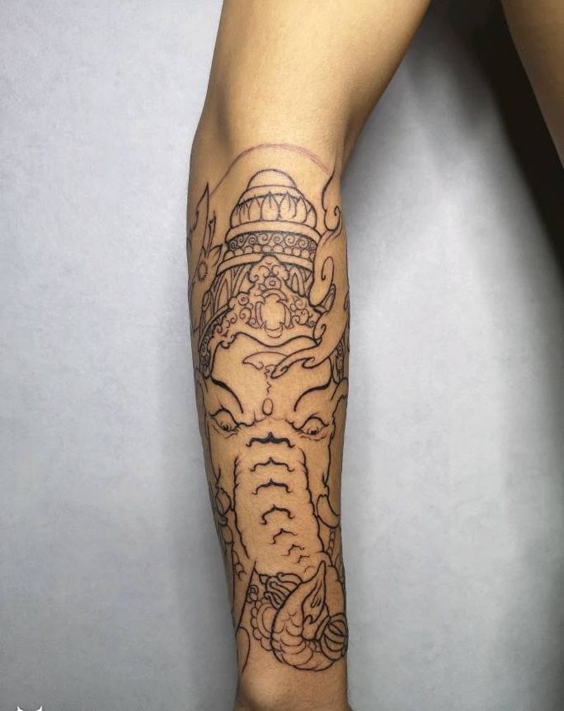 包小臂线条纹身图片_手臂新传统象神牡丹纹身图案