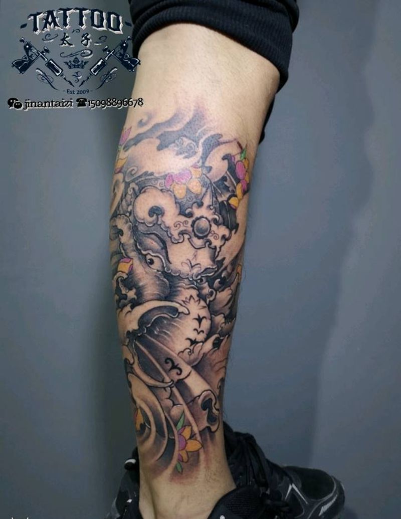 象神纹身图片_腿部脚部老传统纹身图案