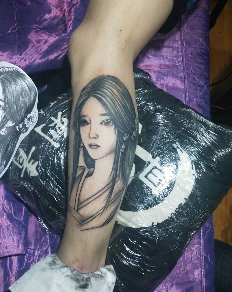 艺伎纹身图片_腿部老传统艺伎纹身图案