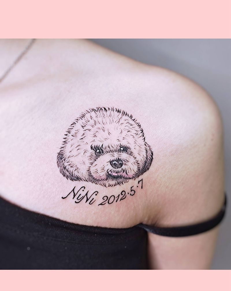 炸毛狗纹身图片_肩部比熊纹身图案