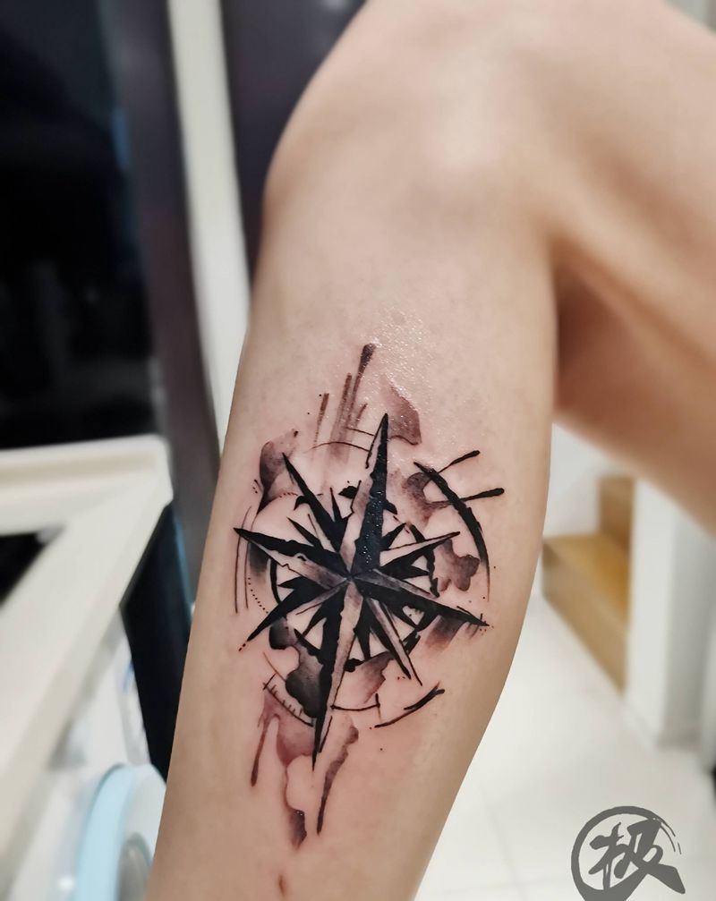 指南针纹身图片_腿部New School纹身图案