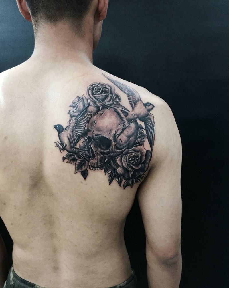 骷髅纹身图片_成品肩部欧美静物纹身图案