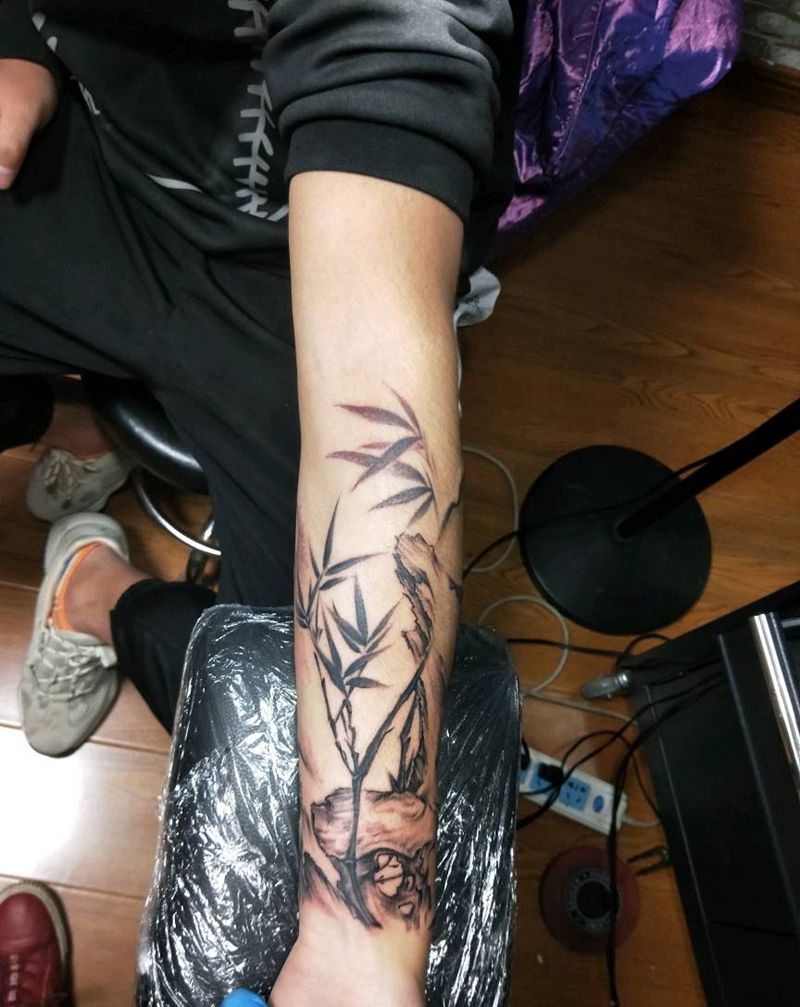 山，竹纹身图片_手臂水墨纹身图案