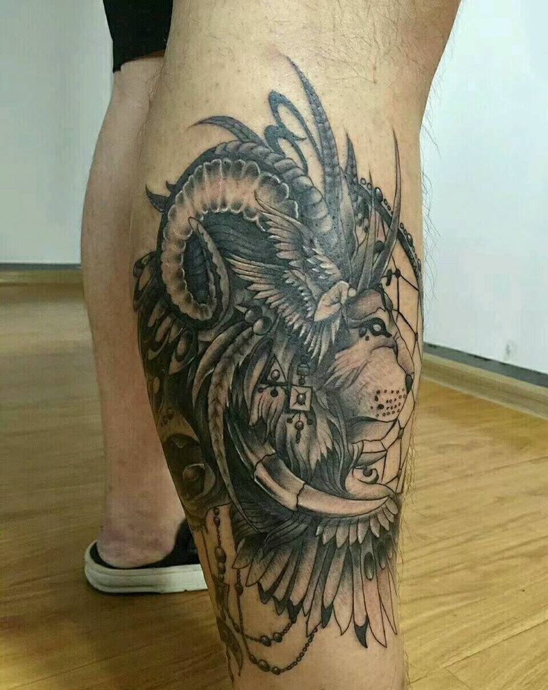 狮子座纹身图片_手臂腿部传统动物培训成品纹身图案