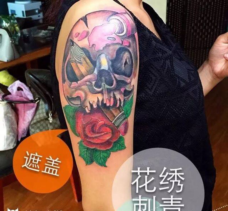 骷髅遮盖纹身图片_成品手臂欧美原创纹身图案