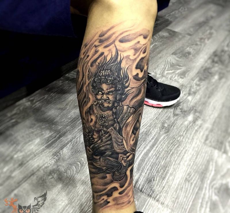 小腿单侧  不动尊纹身图片_成品腿部传统宗教纹身图案