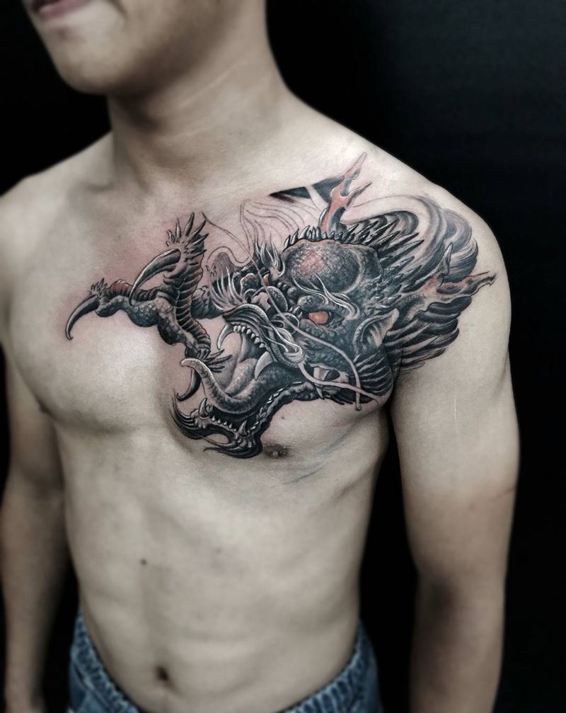 龙头纹身图片_成品胸部传统宗教神兽纹身图案