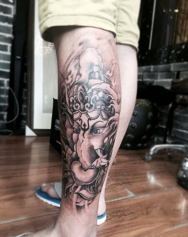 象神纹身图片_腿部成品传统宗教纹身图案