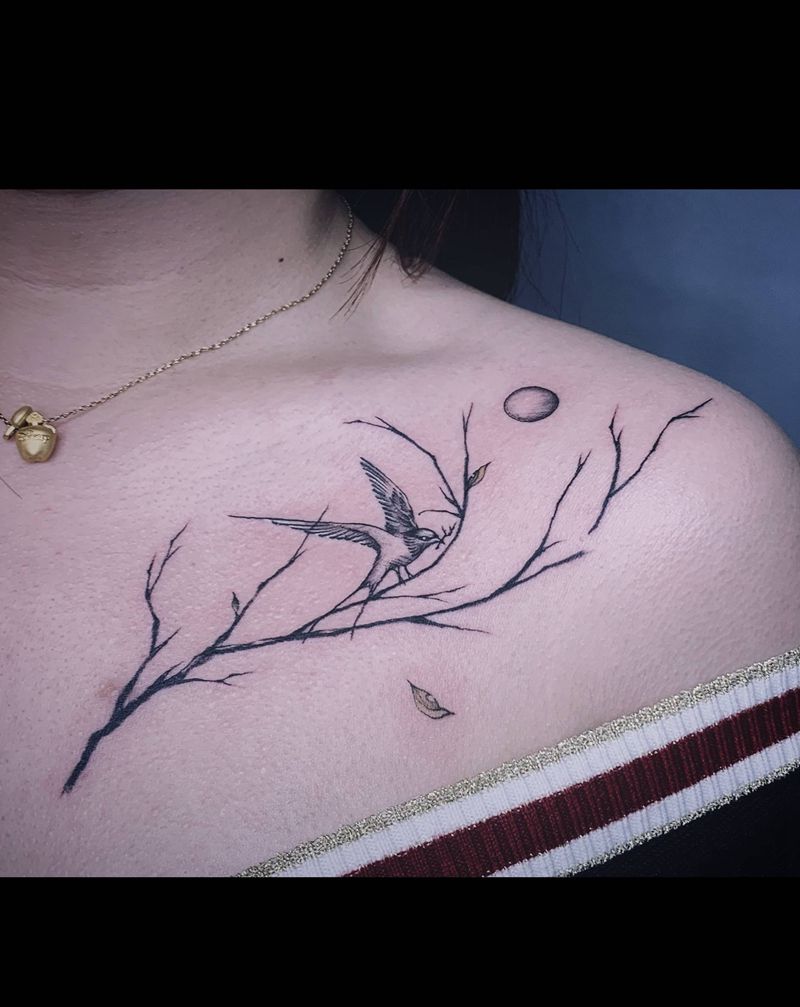 枝头上的鸟和月亮纹身图片_肩部胸部鸟小清新纹身图案