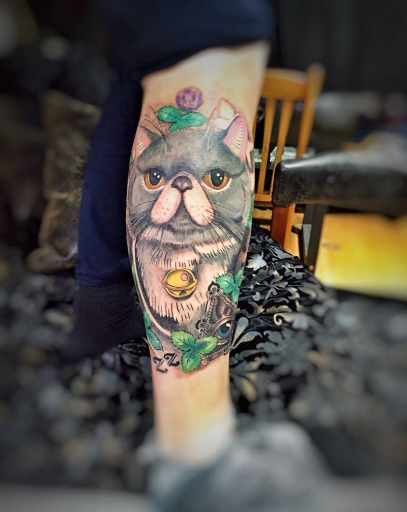 小腿猫纹身图片_成品原创欧美腿部背部胸部肩部腰部手臂腹部纹身图案