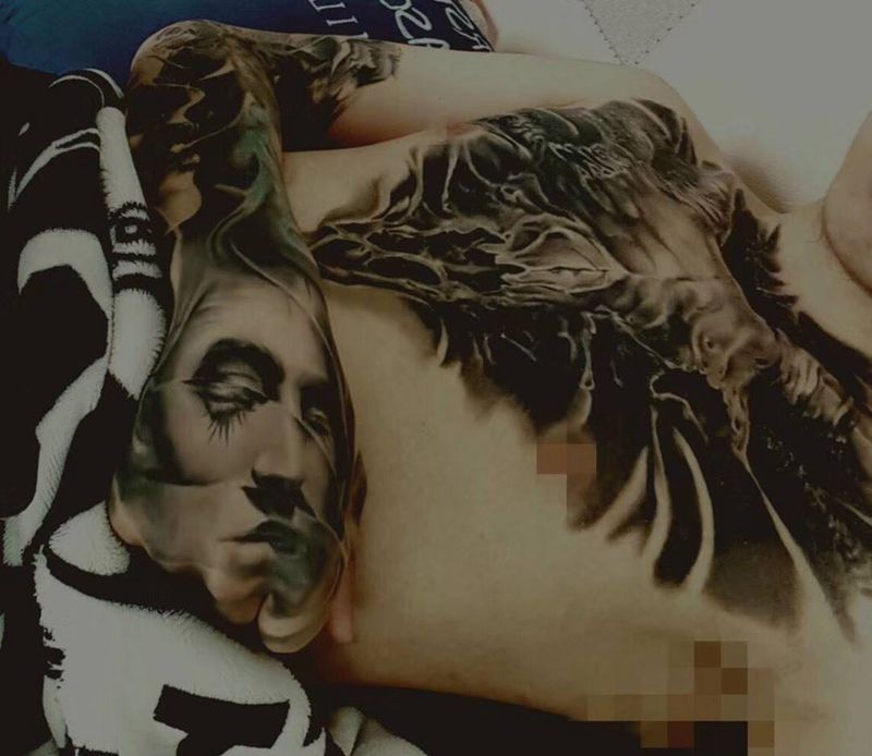 买家秀纹身图片_成品山东培训乐道刺青手臂肖像写实欧美青岛人物纹身图案