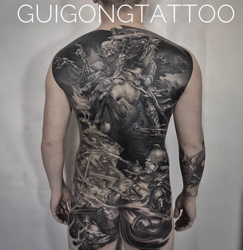 死神骑士纹身图片_背部欧美写实纹身图案