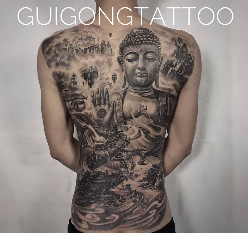 回头是岸纹身图片_背部腰部欧美写实新传统纹身图案