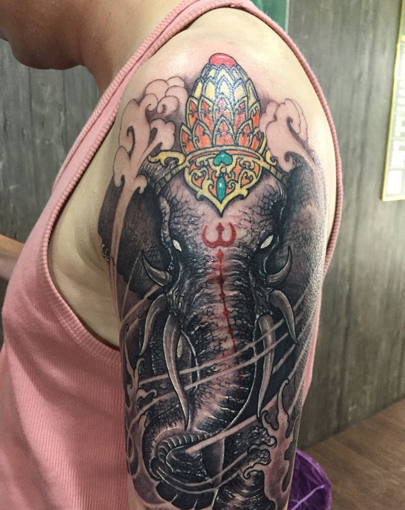 象神纹身图片_手臂老传统纹身图案