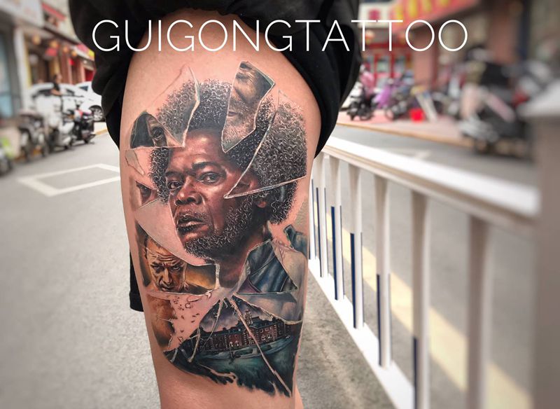 玻璃先生纹身图片_腿部欧美写实写实人物纹身图案