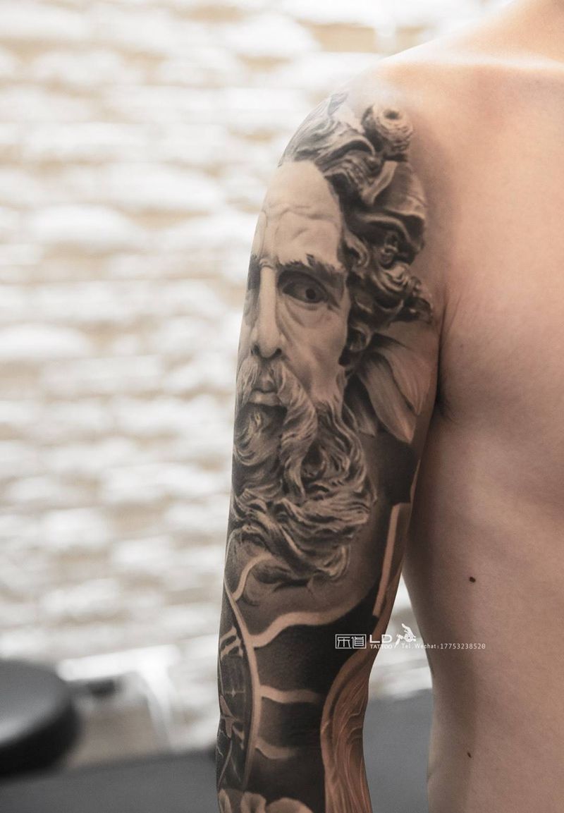 乐道雕塑纹身图片_成品肖像欧美写实人物原创青岛培训乐道刺青手臂纹身图案