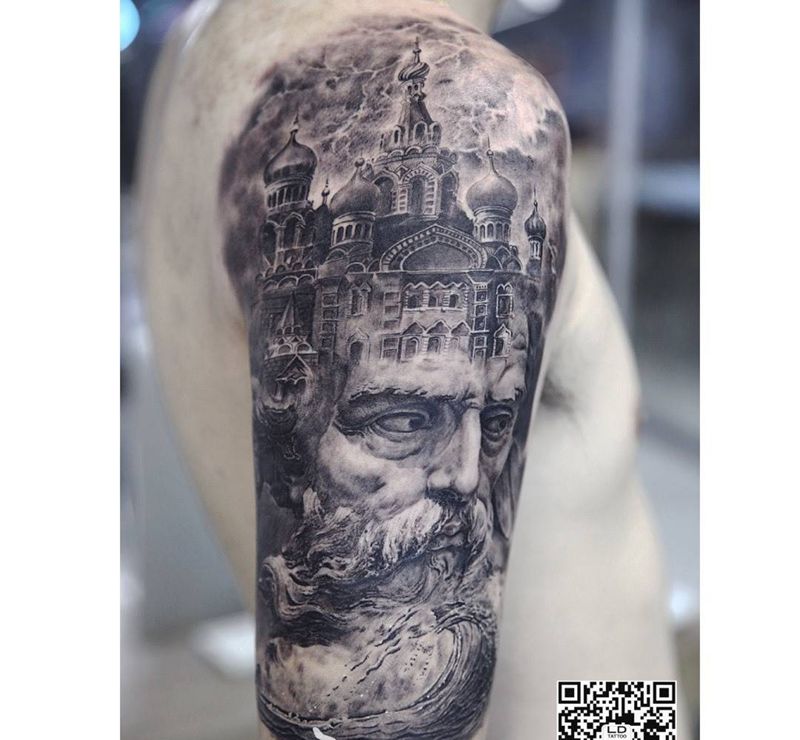 乐道雕塑作品纹身图片_成品手稿手臂肖像欧美写实原创青岛乐道刺青培训纹身图案