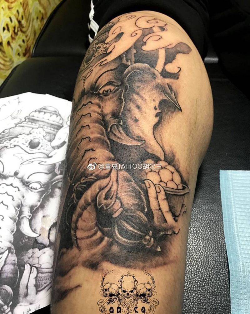 小腿单面象神，五个半小时纹身图片