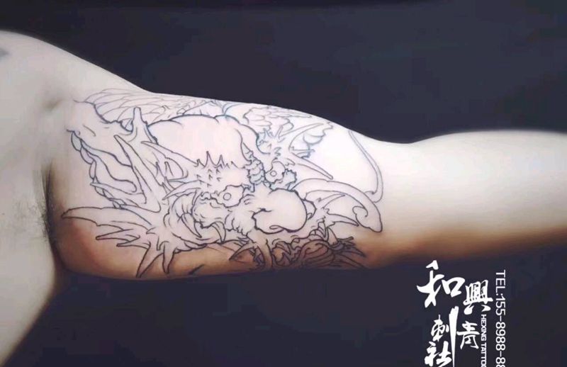 重彩龙头（未完待续）纹身图片_手臂传统鬼神成品纹身图案