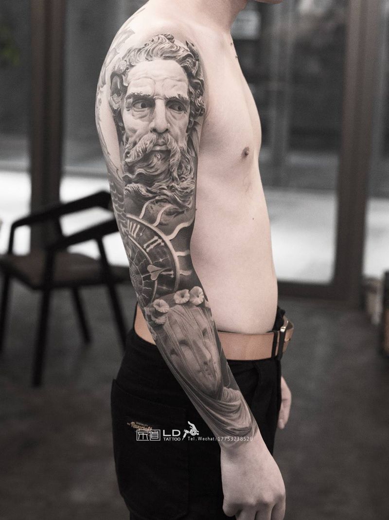乐道雕塑纹身图片_成品肖像手臂欧美写实人物原创青岛山东培训纹身图案
