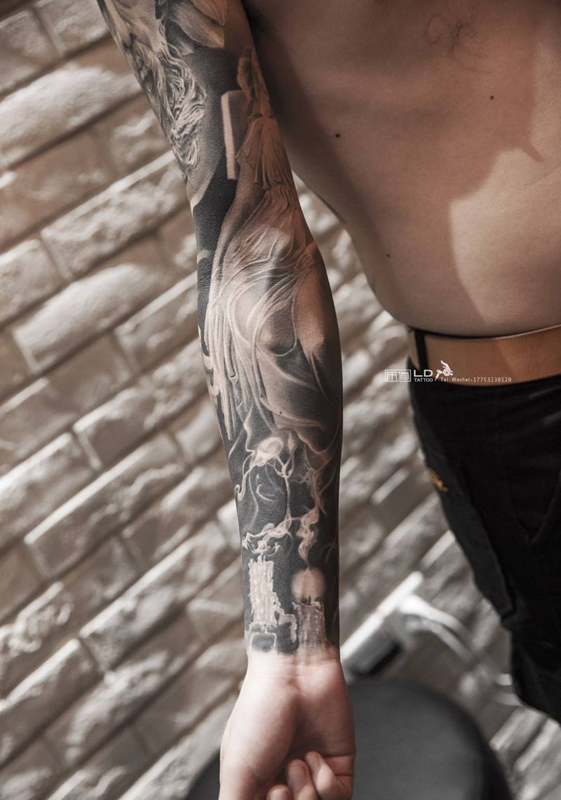 乐道雕塑纹身图片_成品手臂欧美写实肖像人物原创培训青岛山东纹身图案