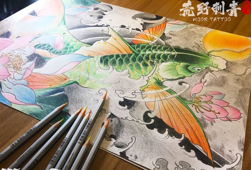新传统鲤鱼手稿纹身图片