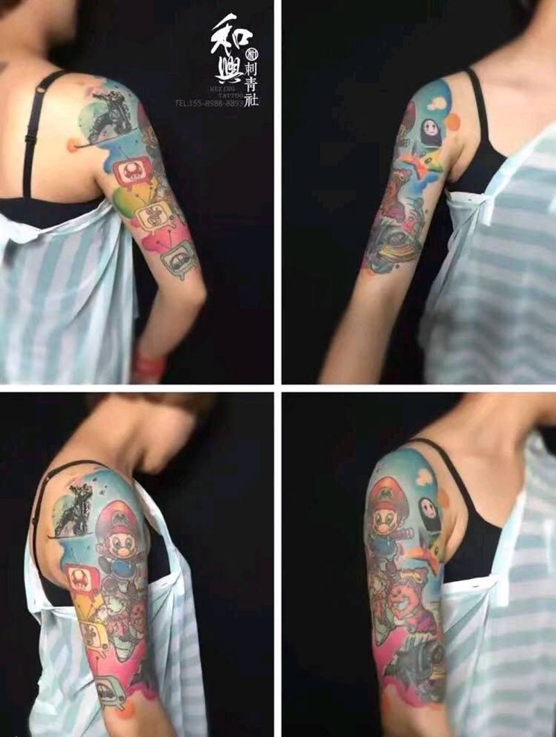 《超级玛丽彩色卡通》纹身图片_手臂清新写实动物静物成品纹身图案