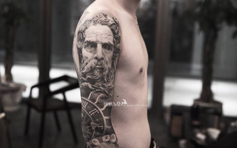 乐道雕塑纹身图片_成品手臂肖像欧美写实人物原创获奖青岛山东纹身图案