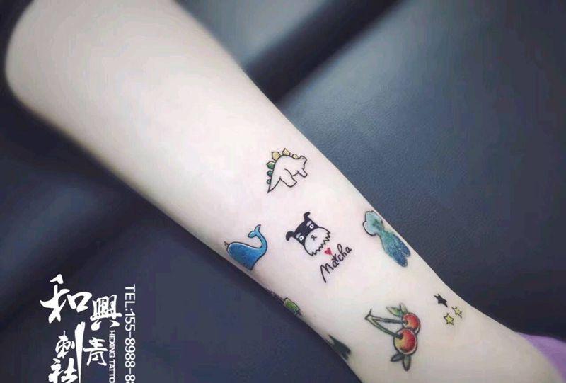 卡通集锦纹身图片_腿部清新动物静物成品纹身图案