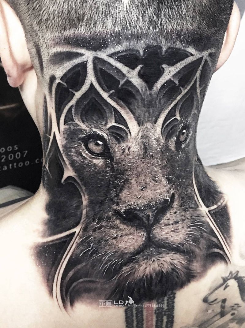 乐道欧美写实纹身图片_成品肖像颈部手臂写实欧美动物原创山东培训纹身图案