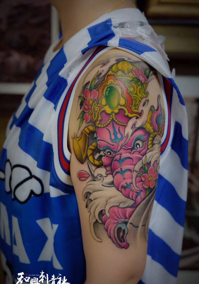 《女版象神》纹身图片_手臂腰部新传统老传统象神女性彩色纹身图案