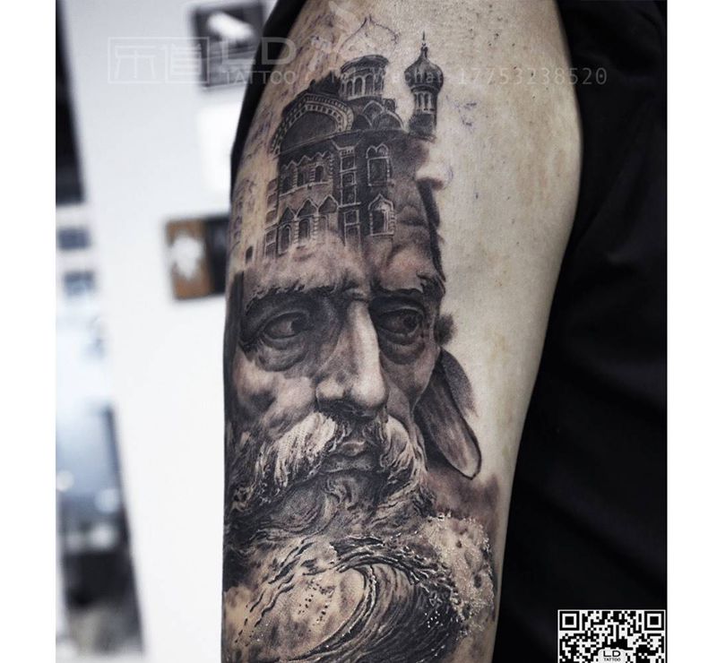 乐道雕塑纹身图片_成品手稿欧美写实肖像青岛培训乐道刺青山东人物纹身图案