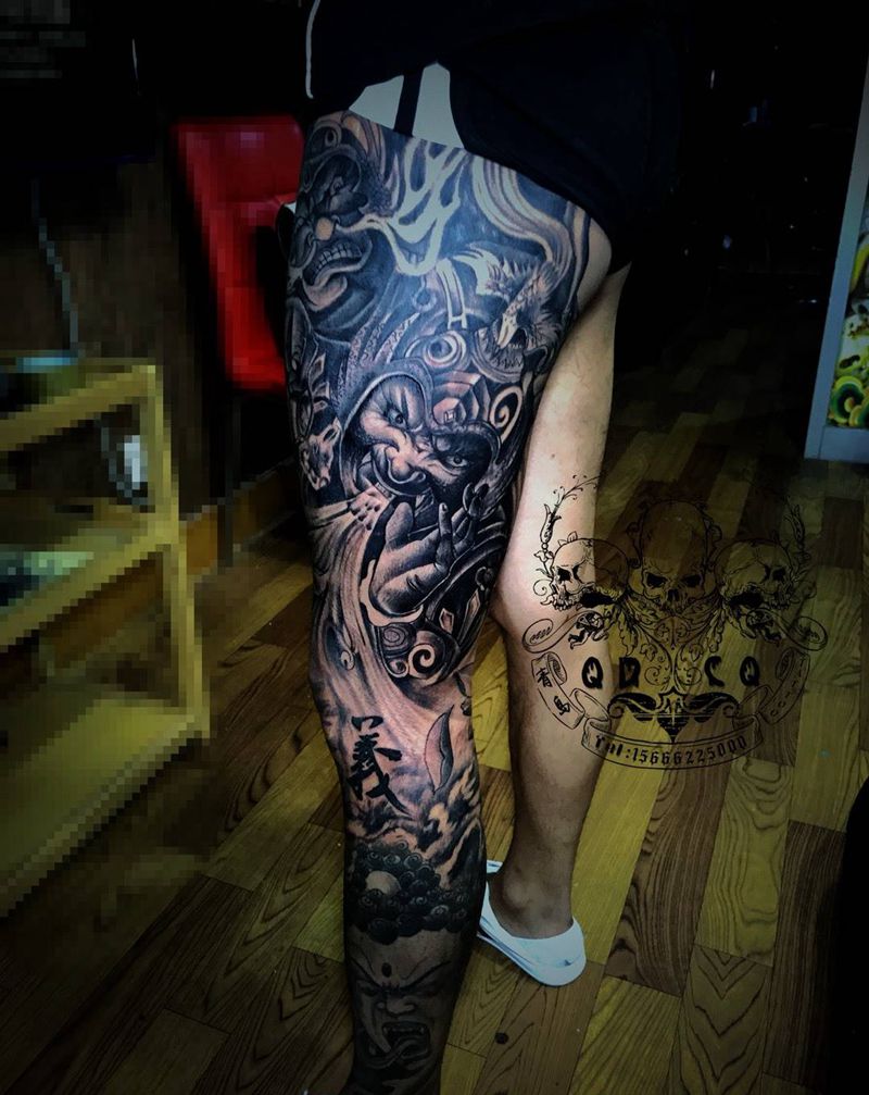 哼哈二将花腿纹身图片