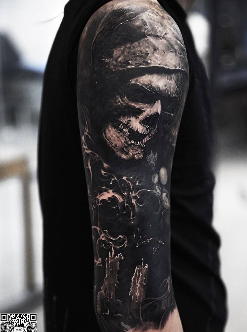 暗黑哥特纹身图片_成品手臂欧美写实乐道刺青青岛培训人物原创鬼神纹身图案