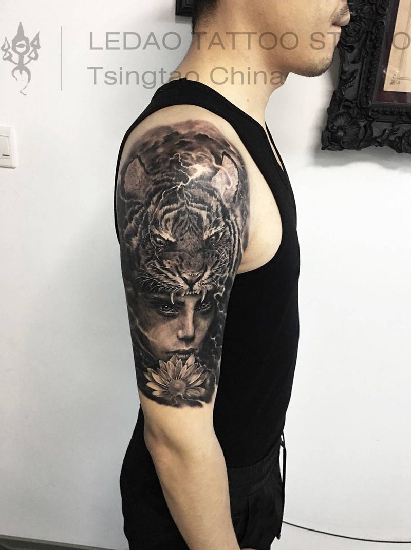 欧美写实纹身图片_成品肖像写实欧美手臂人物原创动物培训青岛纹身图案