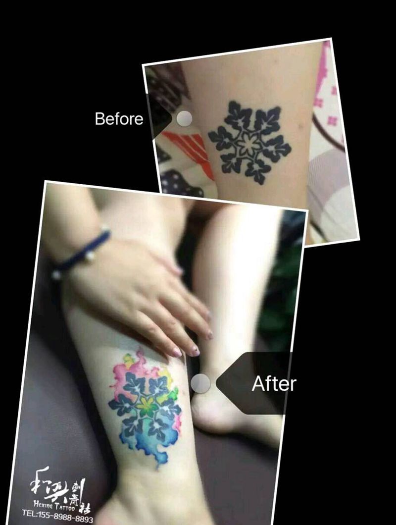 雪花添加纹身图片_腿部欧美原创手稿纹身图案
