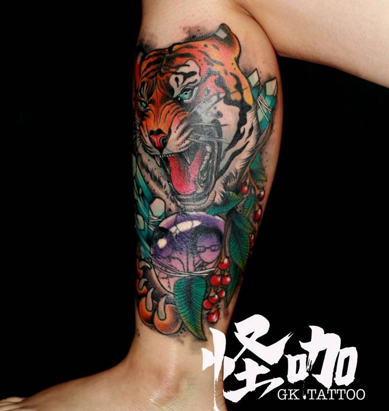 新传统老虎花腿纹身图片_腿部纹身图案