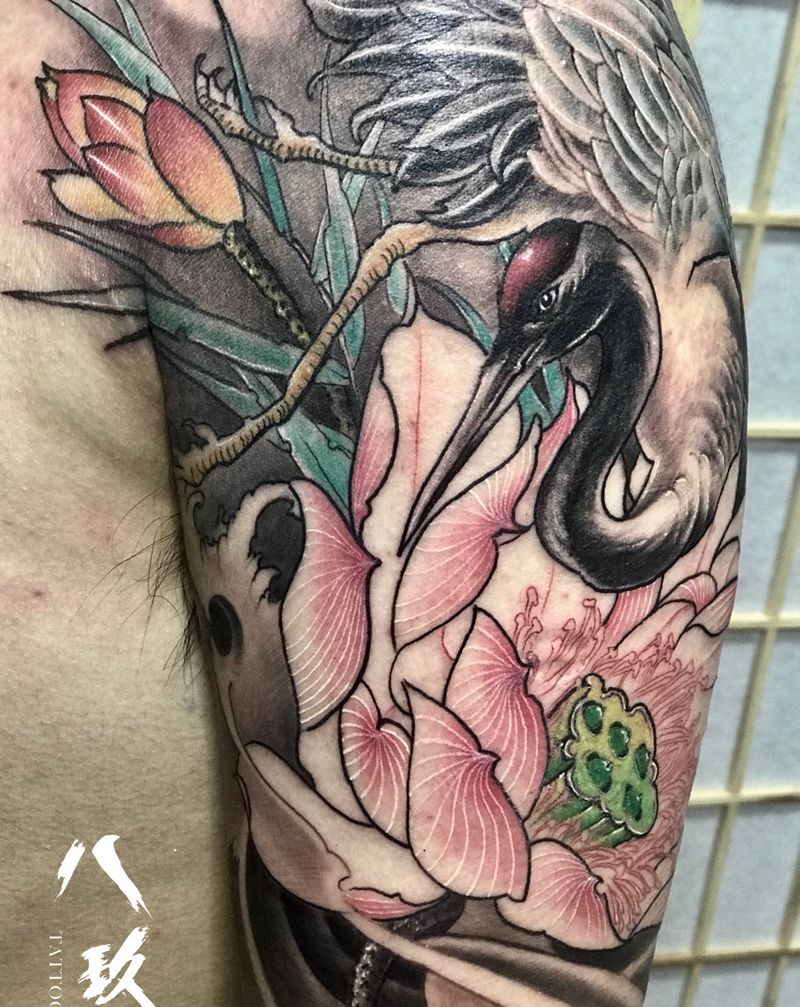 仙鹤纹身图片_手臂新传统纹身图案