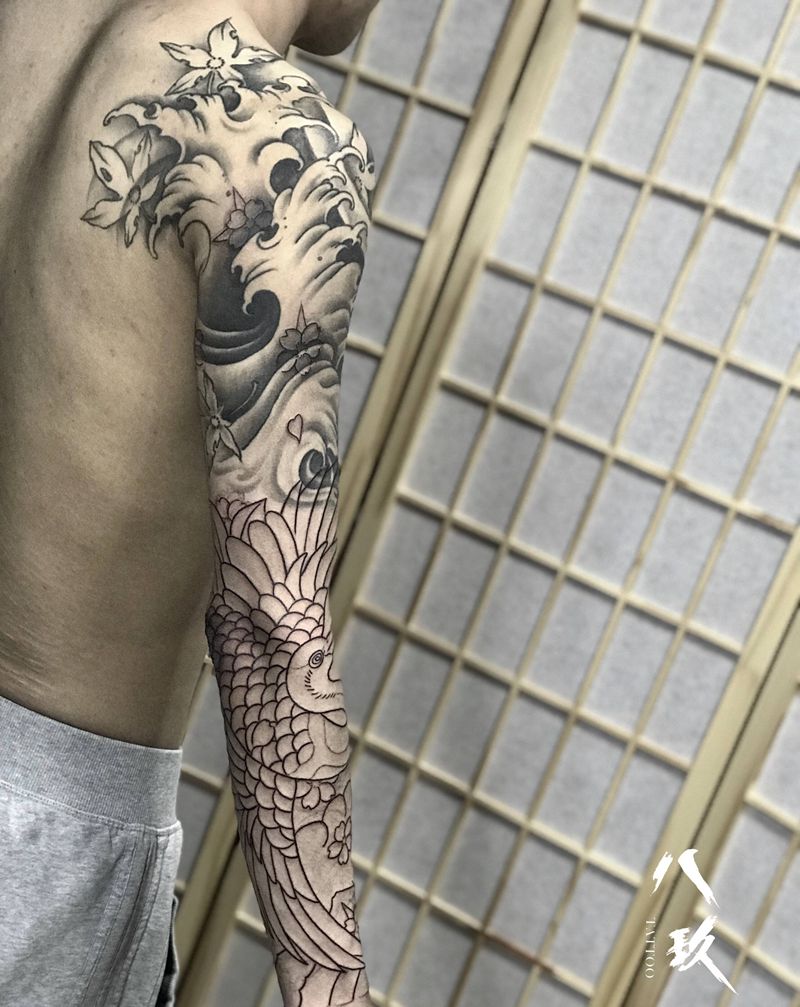 t仙鹤花臂纹身图片_手臂纹身图案