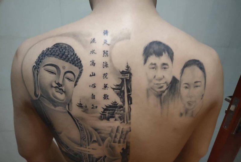 恢复后，肖像非本店纹身图片_背部新传统纹身图案