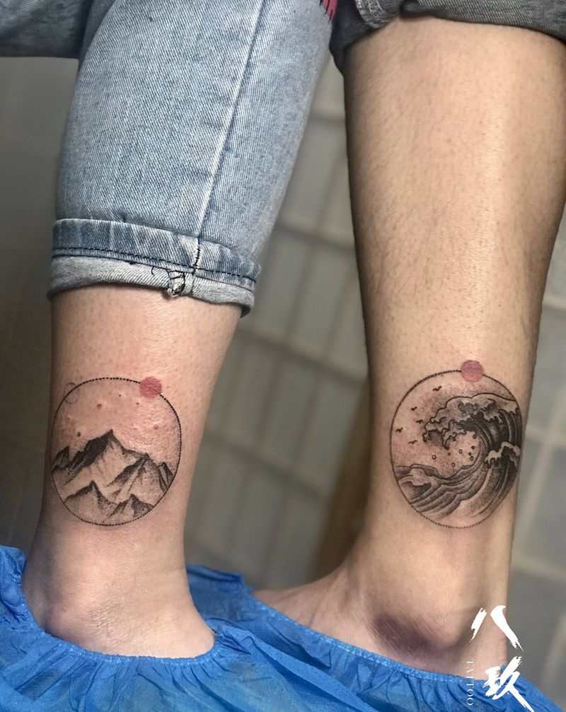情侣山海纹身图片_腿部几何纹身图案