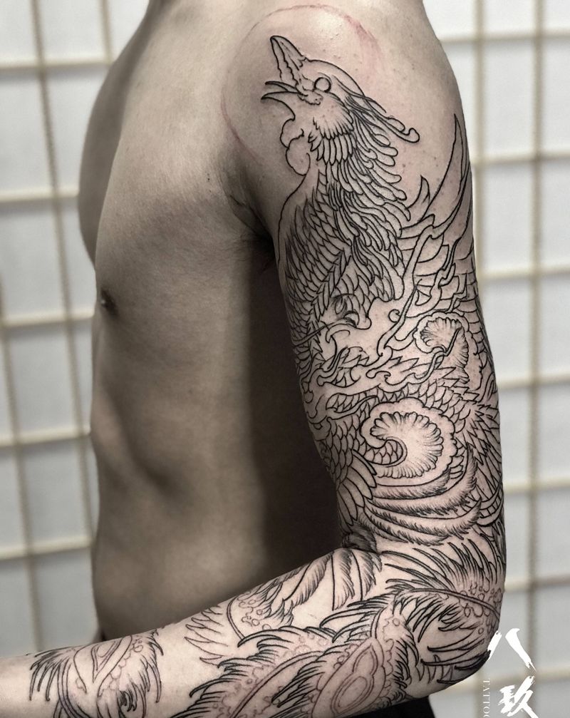 凤凰花臂纹身图片_手臂新传统纹身图案