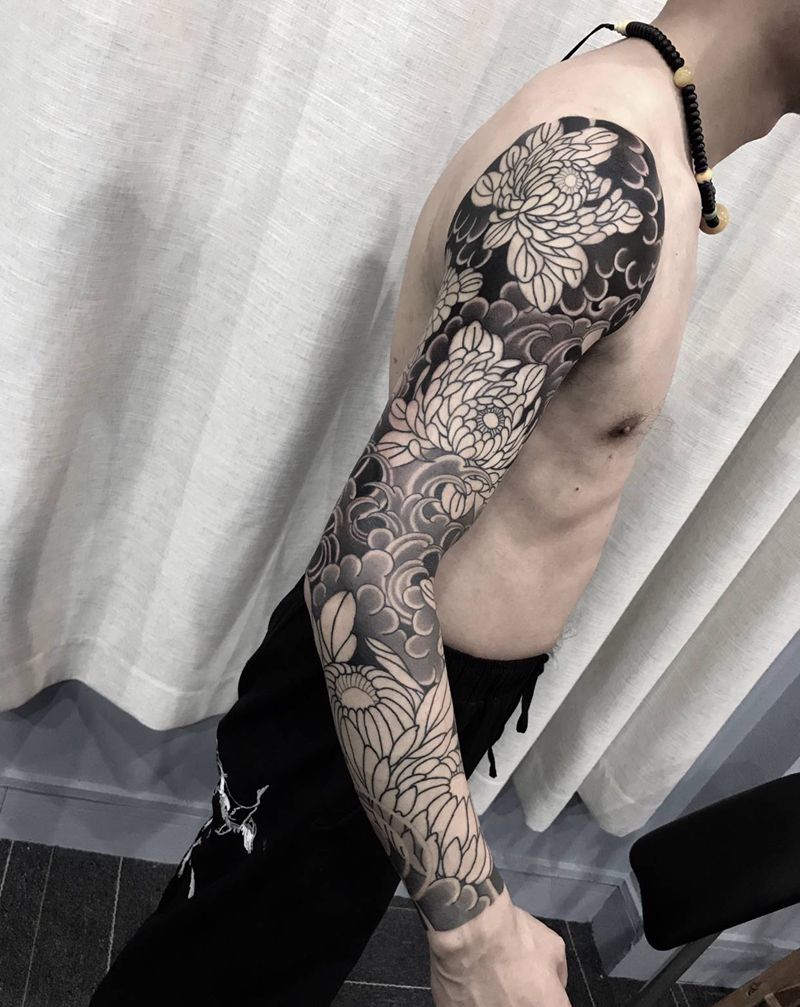 菊花臂纹身图片_老传统纹身图案